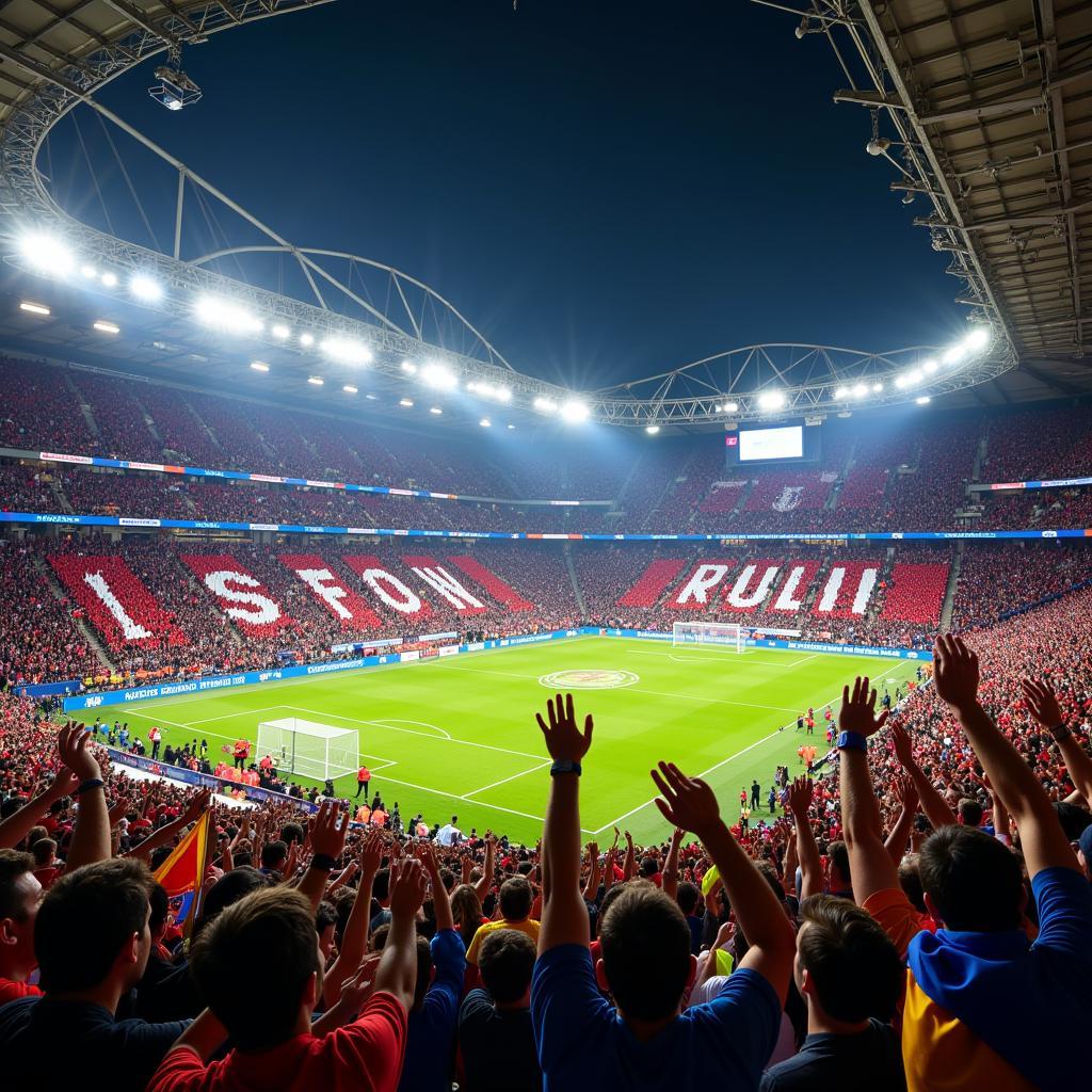 Fans cheering in a packed stadium