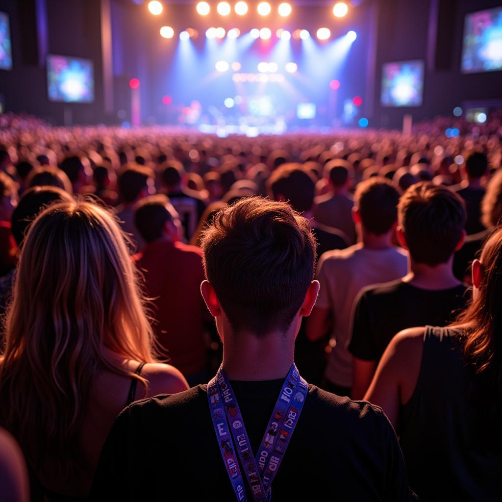 Fans proudly displaying top fan confetti medals at a concert