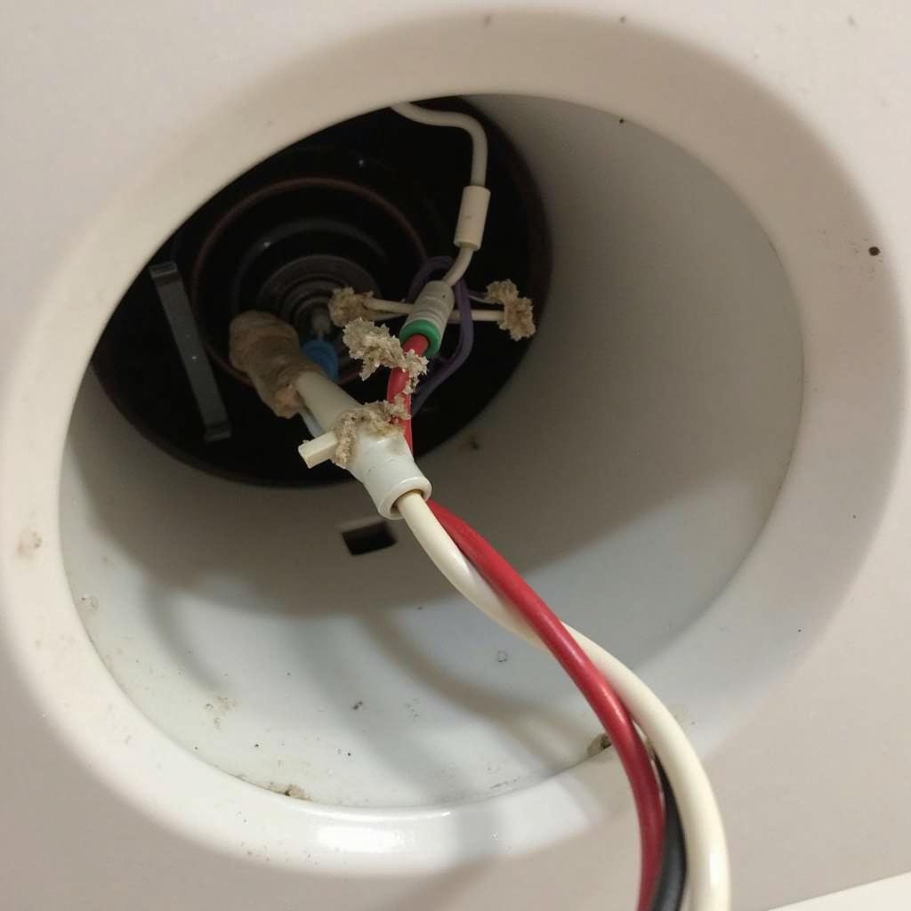 Faulty wiring in a bathroom extractor fan showing loose connections and exposed wires.