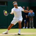 Roger Federer executing a graceful backhand