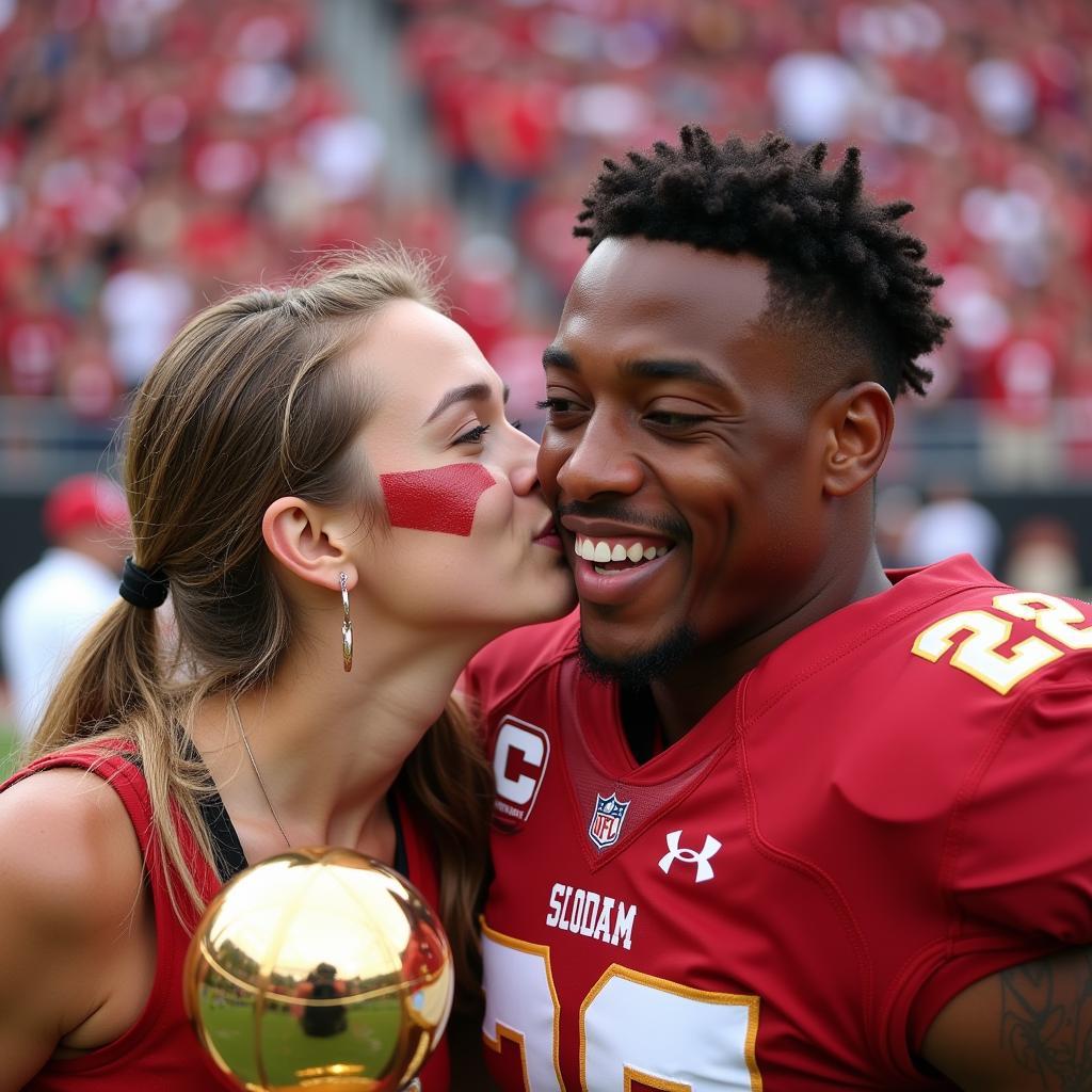 A female football fan kisses a player on the cheek after a match