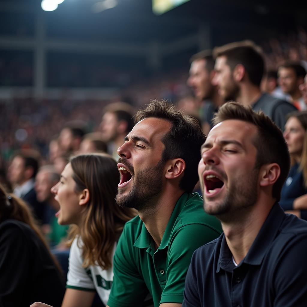 A close-up of a fervent fan's face, expressing intense emotion during a football match.