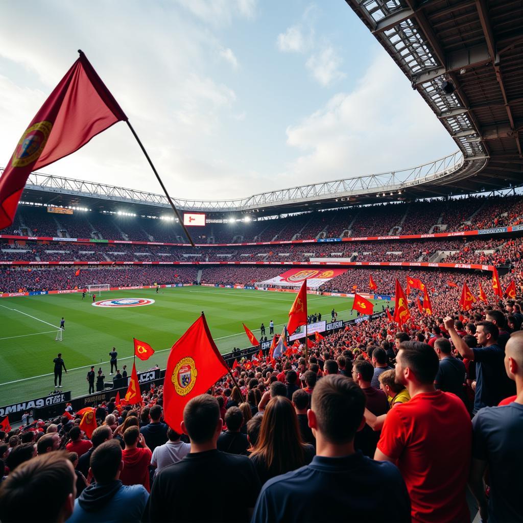 Fervent football fans filling a stadium, creating a vibrant and energetic atmosphere.