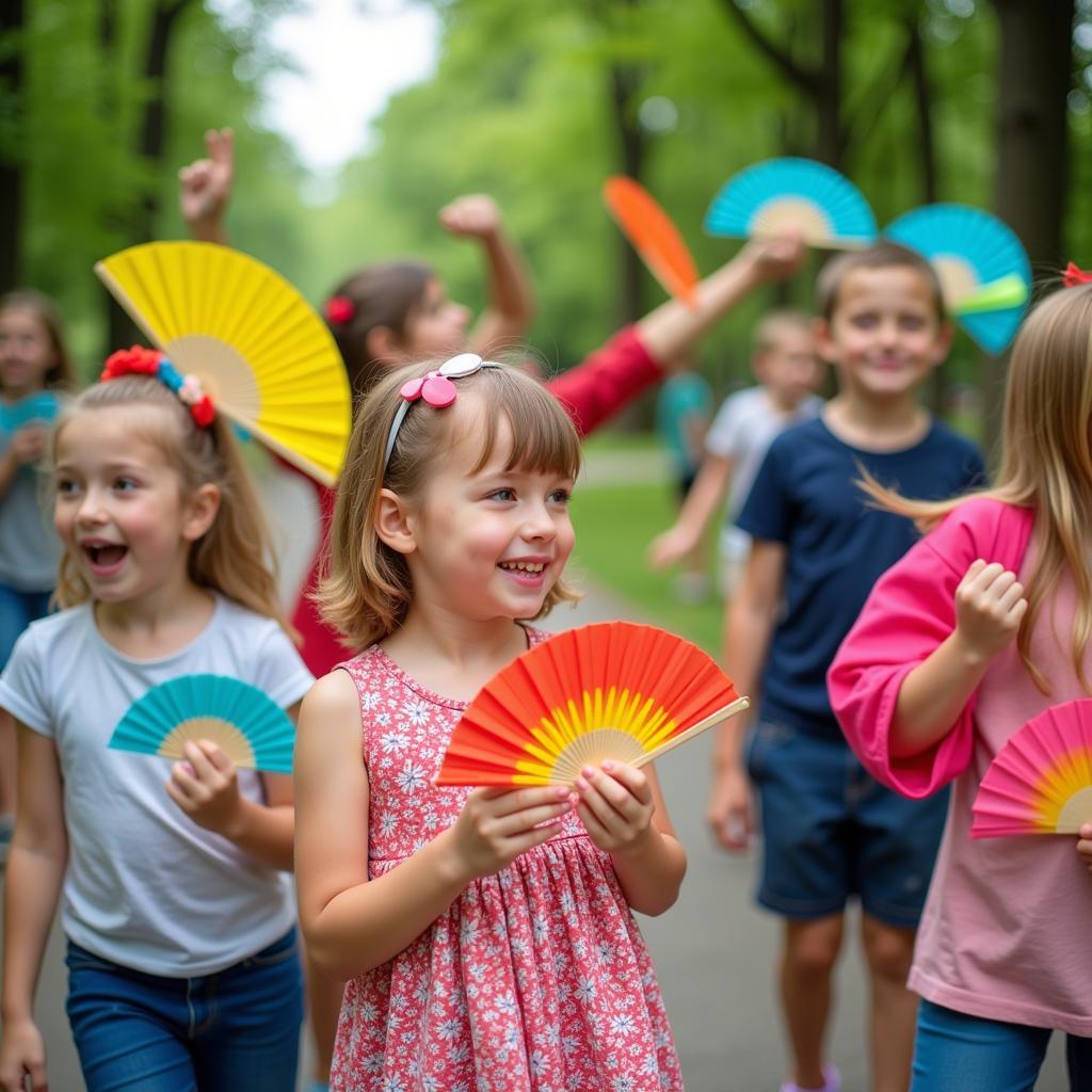 Children Playing with Colorful Folding Fan Toys