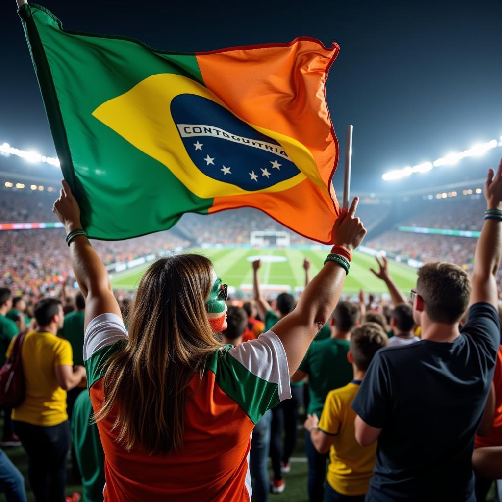 A passionate football fan cheering enthusiastically in a packed stadium.