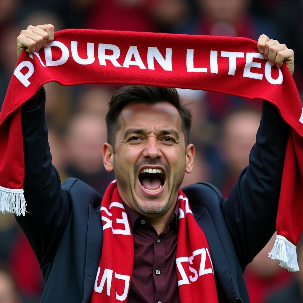 A football fan proudly displaying their team scarf