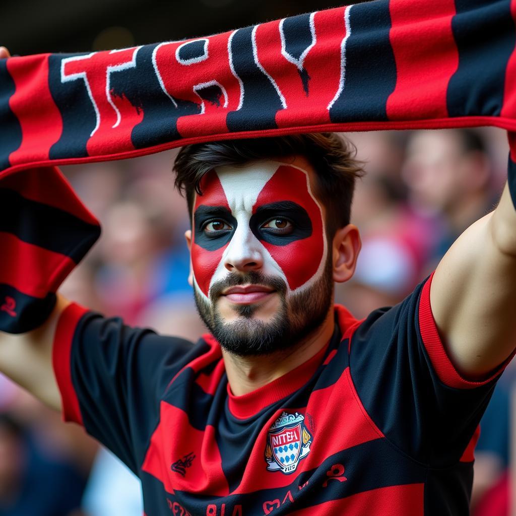 Football fan holding a team scarf with a sense of pride and belonging.