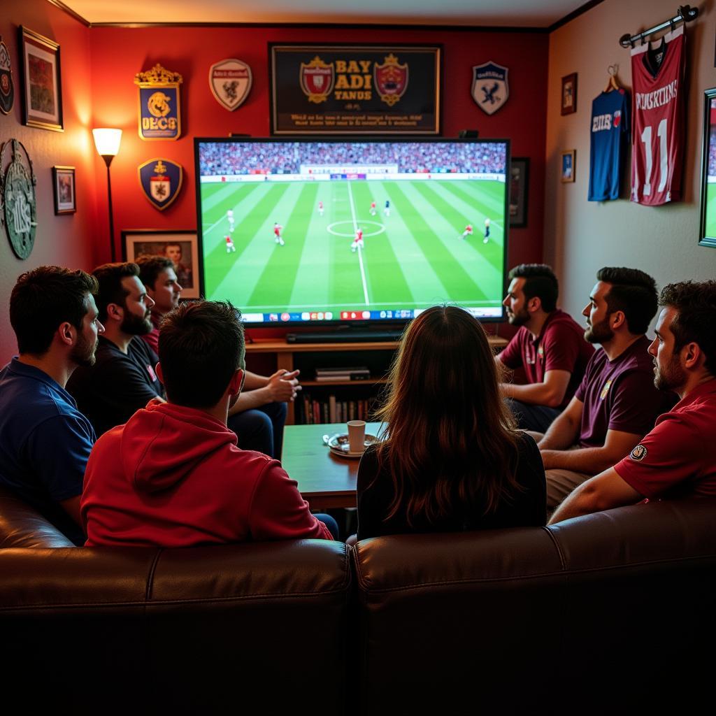 Fans gathered in a football fan house watching a match