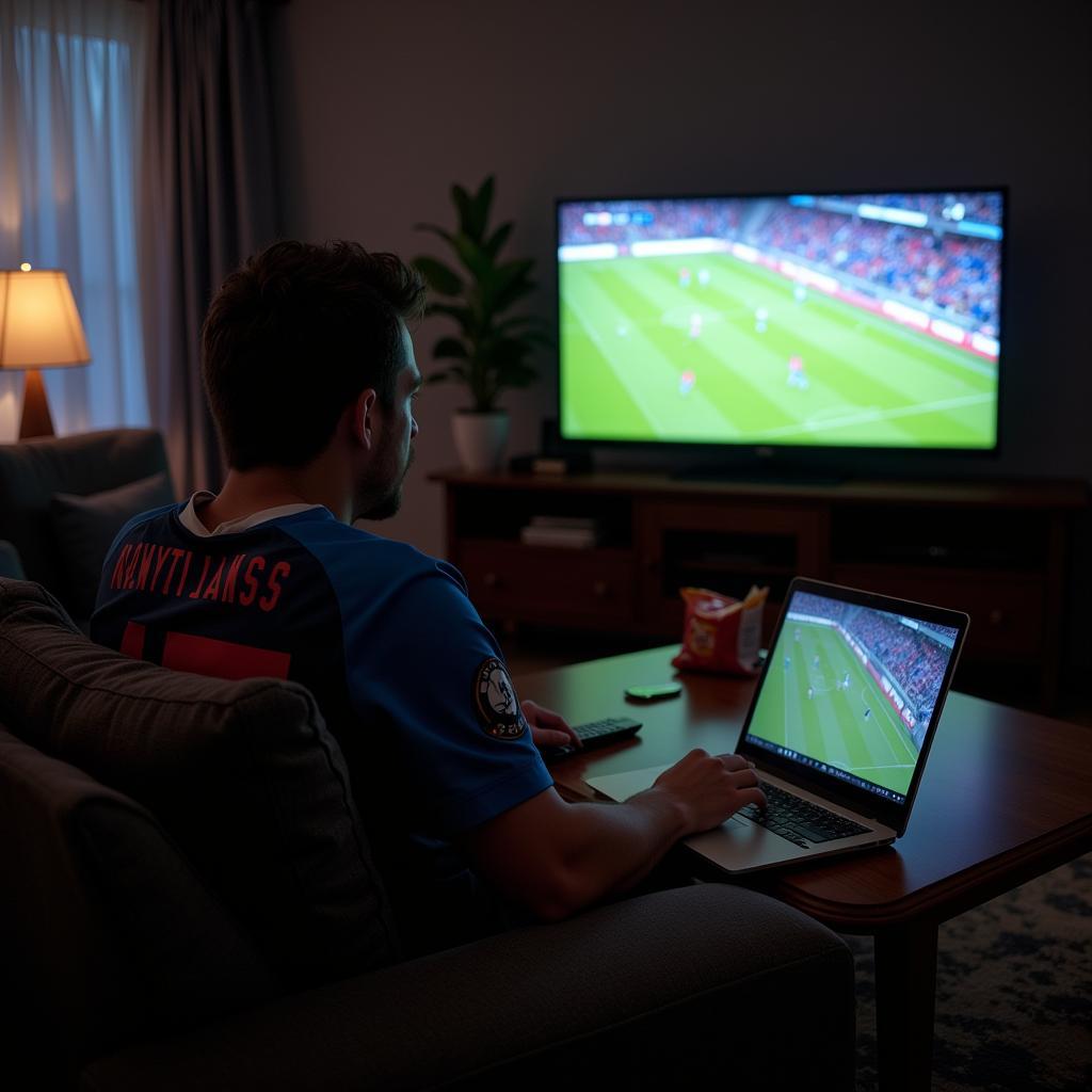 Football fan using a laptop to stream a live match