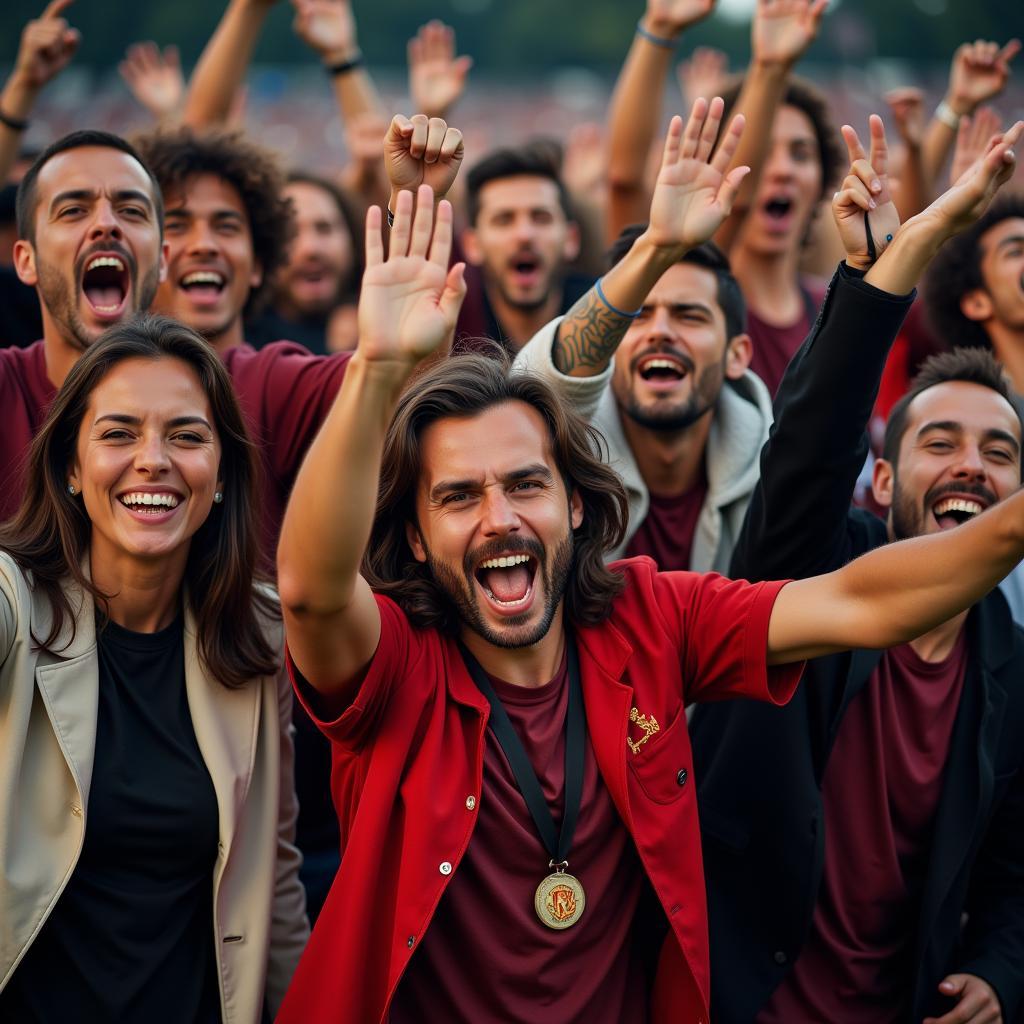 A group of jubilant football fans celebrating a victory.