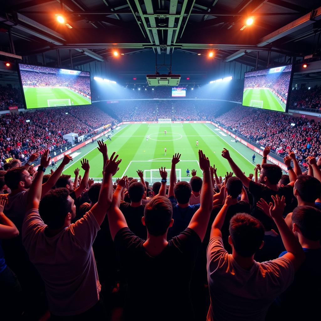 Football fans celebrating a goal in a packed sports bar