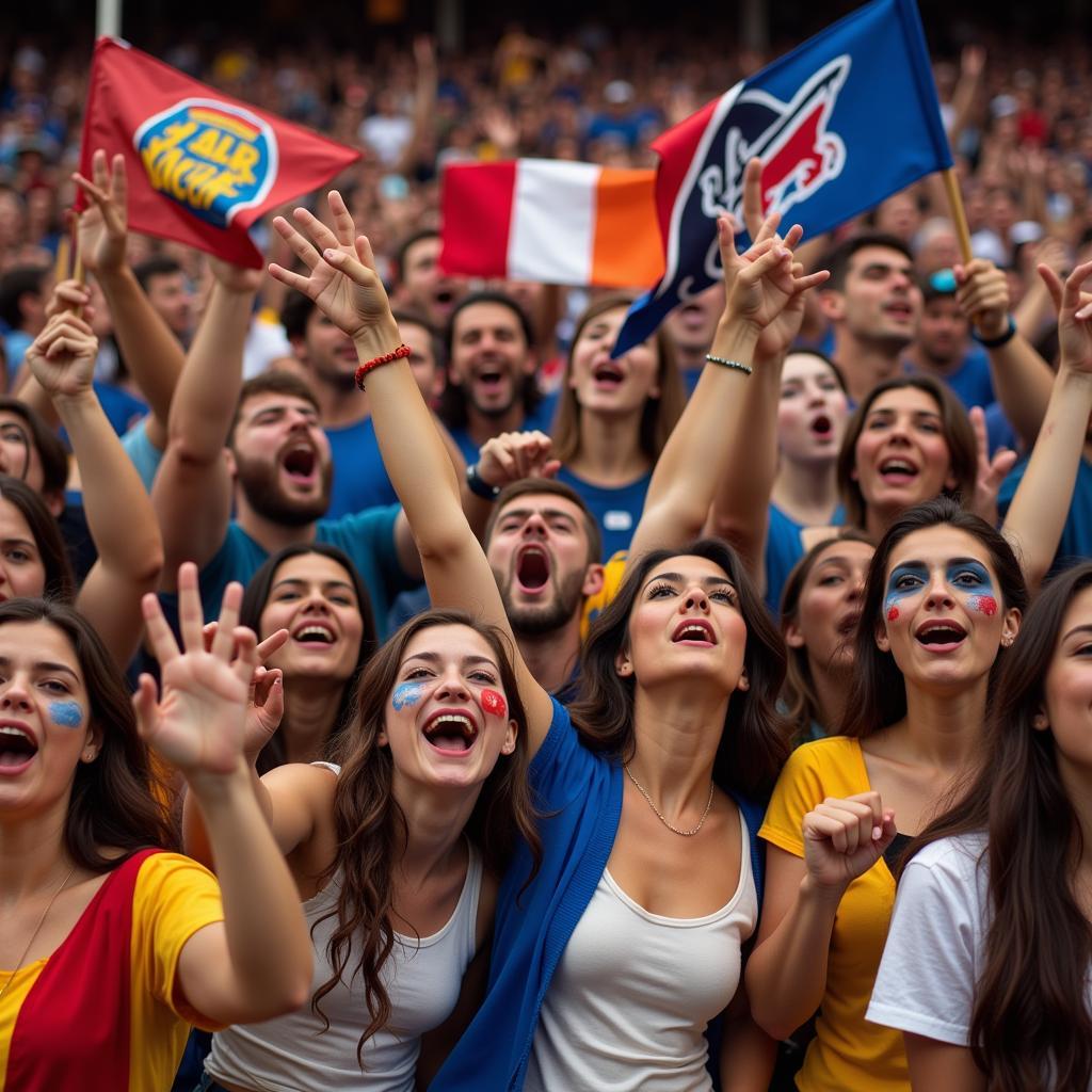 Football Fans Chanting and Supporting Their Team with Flags and Banners