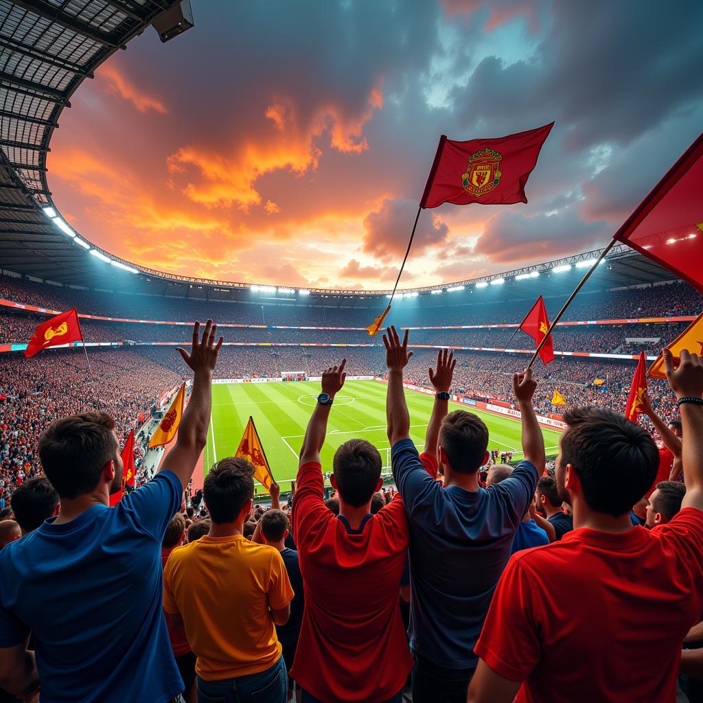 Football fans cheering enthusiastically in a packed stadium