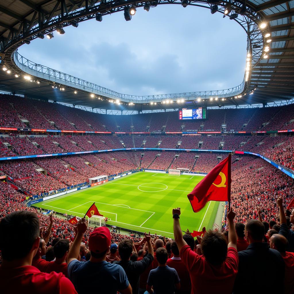 Football fans cheering passionately in a packed stadium