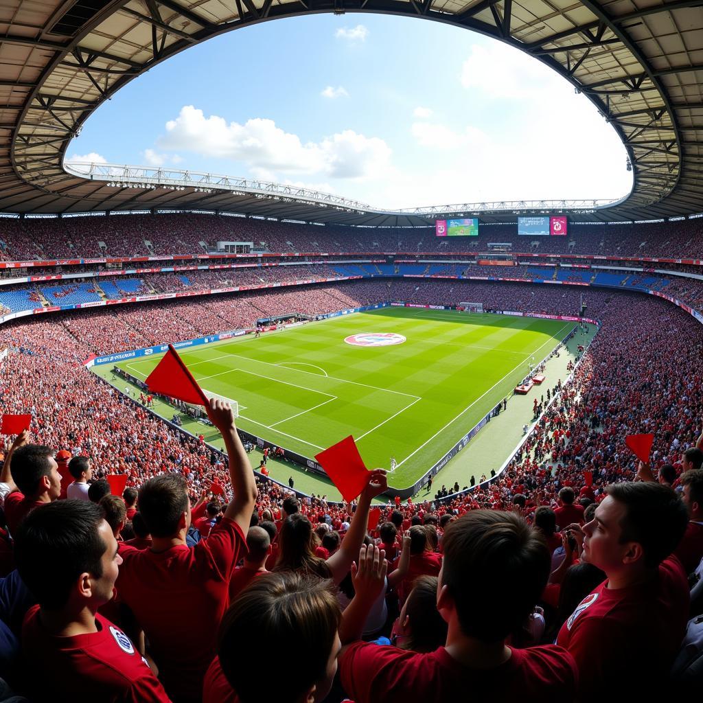 Football fans flapping fans in a crowded stadium