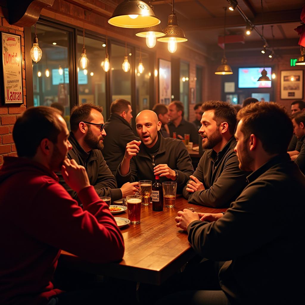 Football fans engaging in banter at a pub