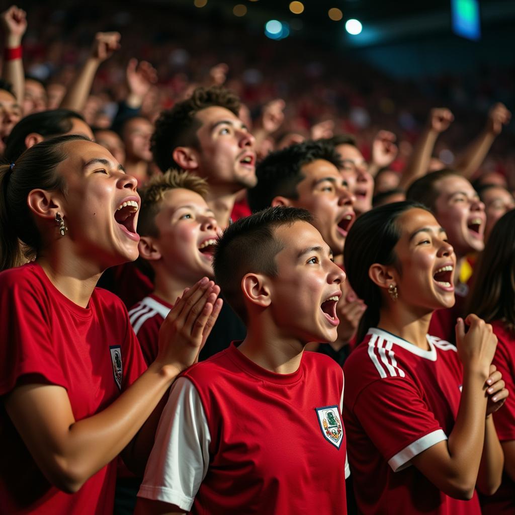 Football fans from different backgrounds singing together in unison, creating a powerful sense of unity.