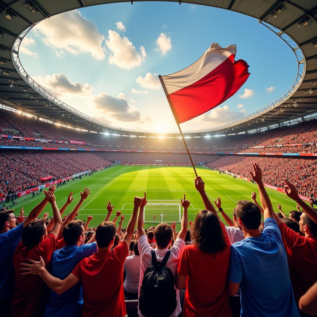 Football fans celebrating in a stadium