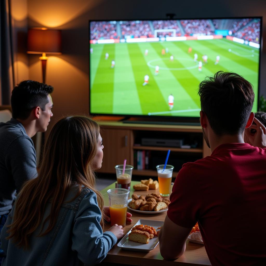 Group of friends watching a football match together at home