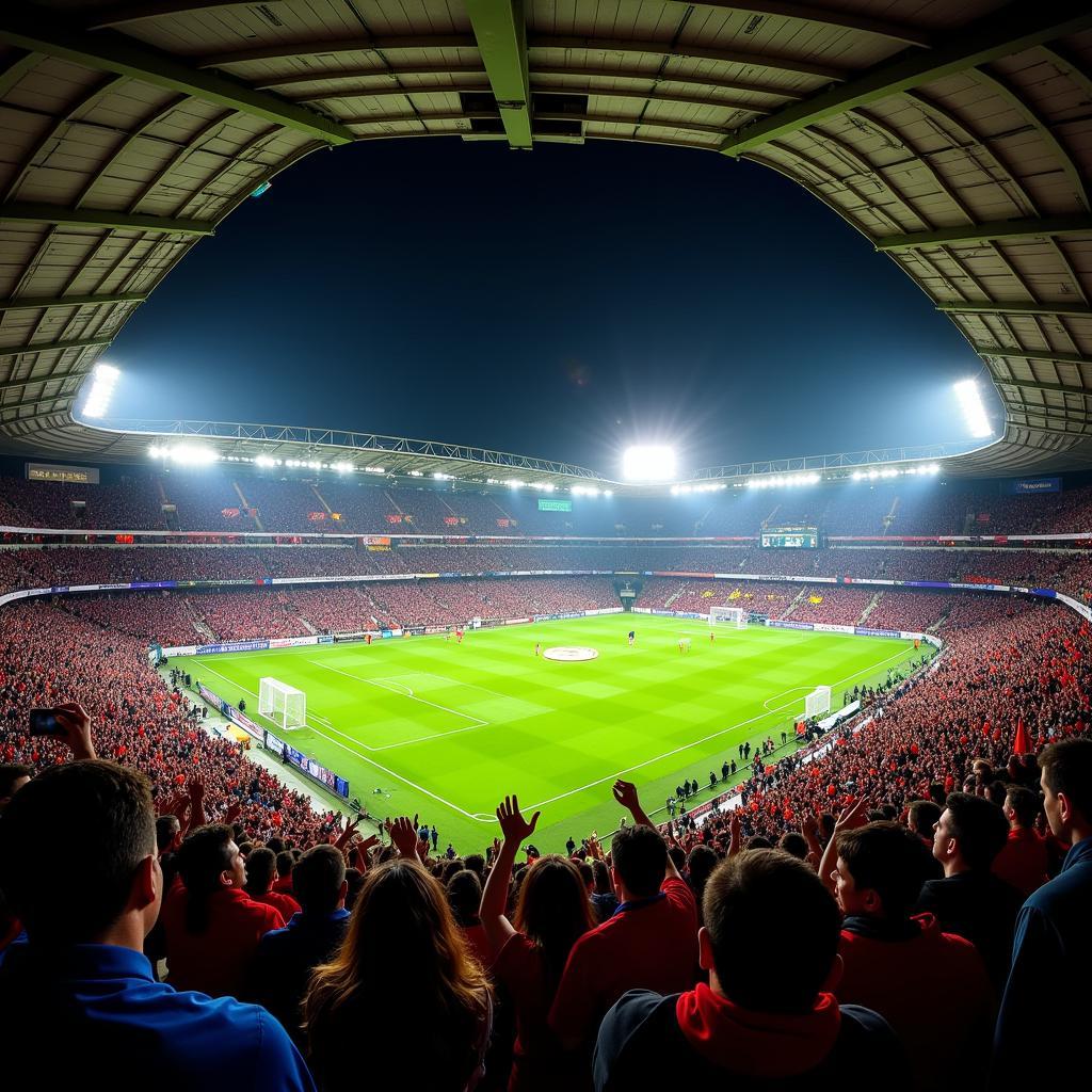 Panoramic view of a football stadium packed with fans, vibrant atmosphere