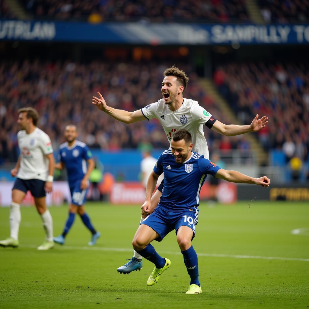 Footballer celebrates scoring a goal after a fast break, highlighting the effectiveness of speed in creating scoring opportunities.