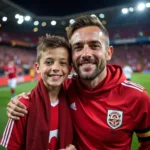 Footballer Posing with a Fan at the Stadium