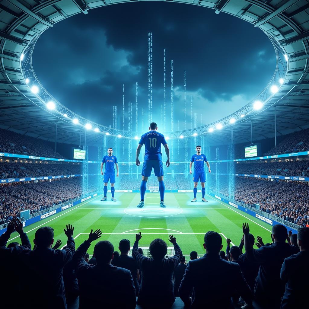 A futuristic representation of a football stadium with holographic projections of players and fans interacting in a virtual space, symbolizing the evolving landscape of fan engagement.