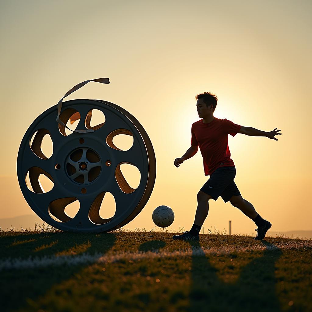 A conceptual image representing the merging of entertainment and sports, symbolized by a football superimposed on a film reel, with a subtle silhouette of Liao Fan in the background.