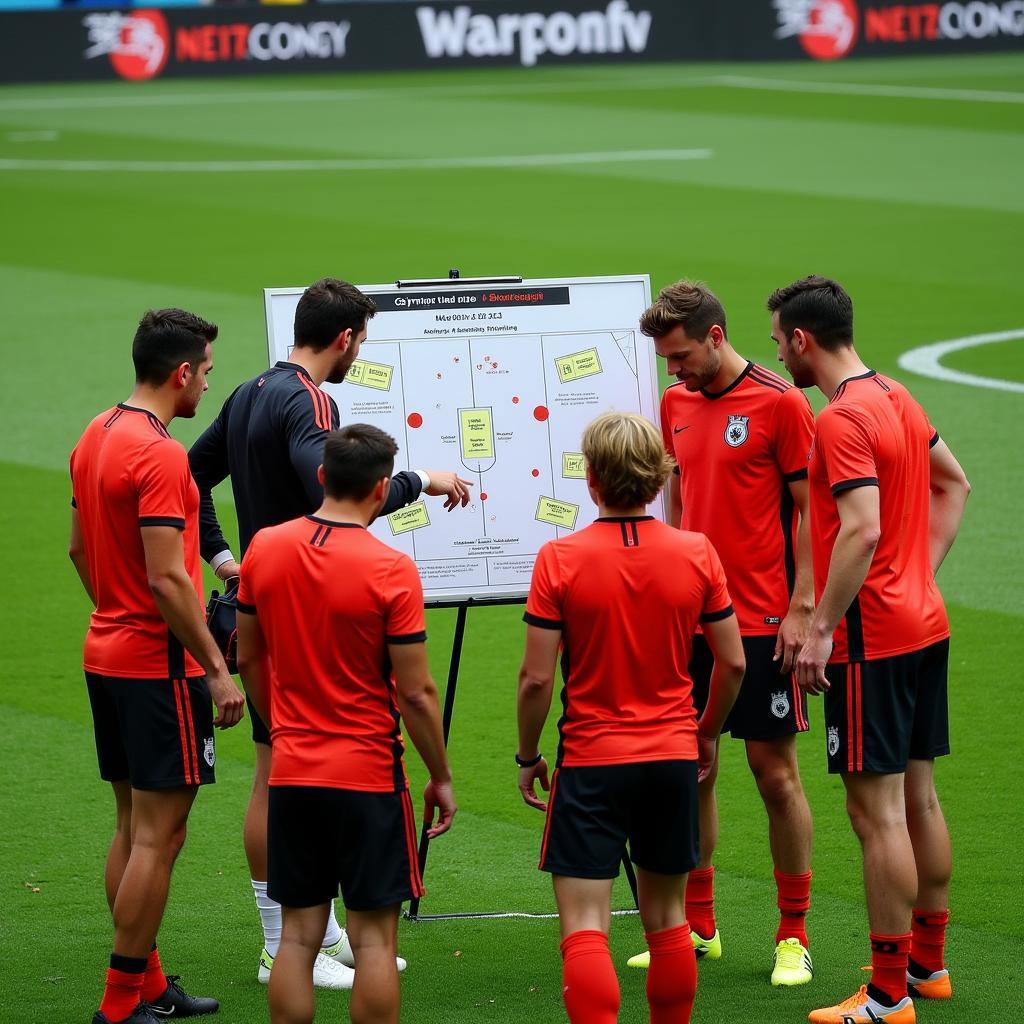 German national team players engage in a tactical discussion with their coach during a training session.