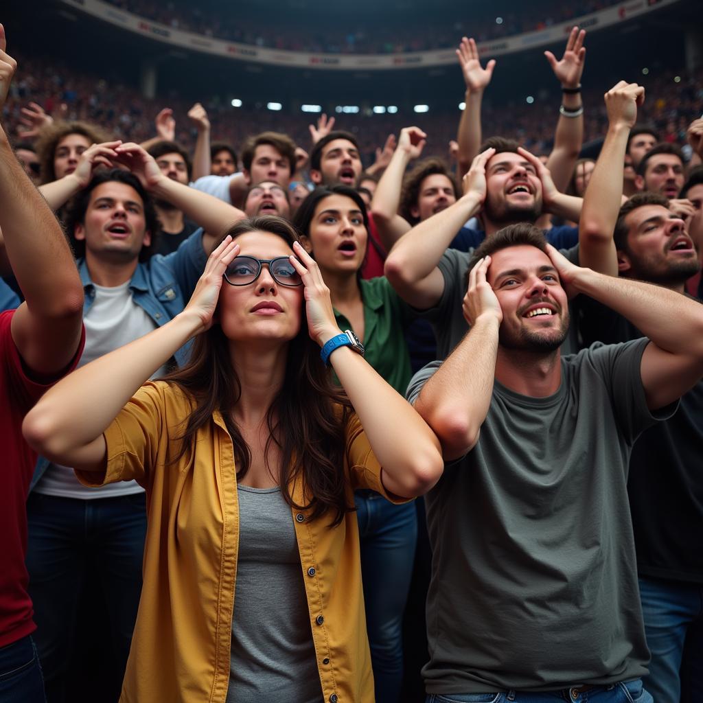 Group of fans watching a football game with mixed reactions