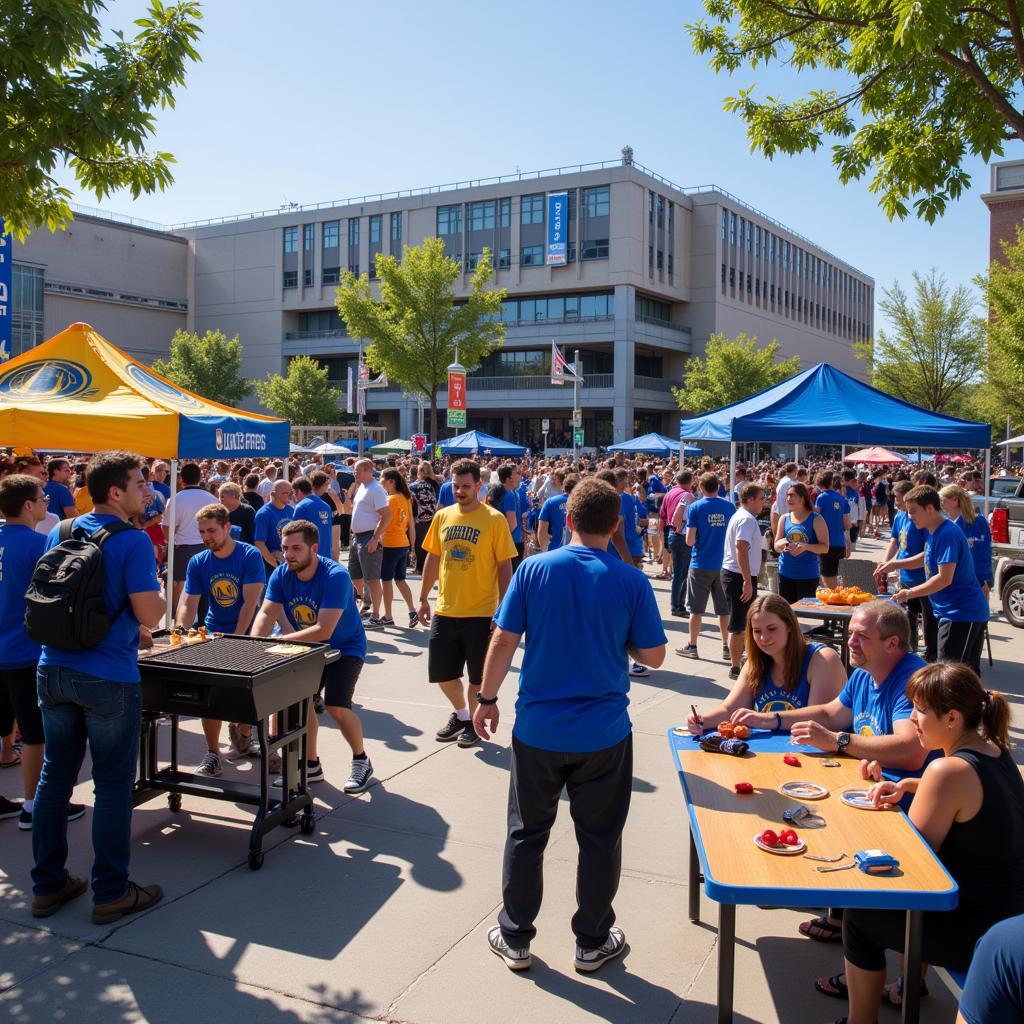 Golden State Warriors fans tailgating and enjoying the pre-game festivities outside Chase Center