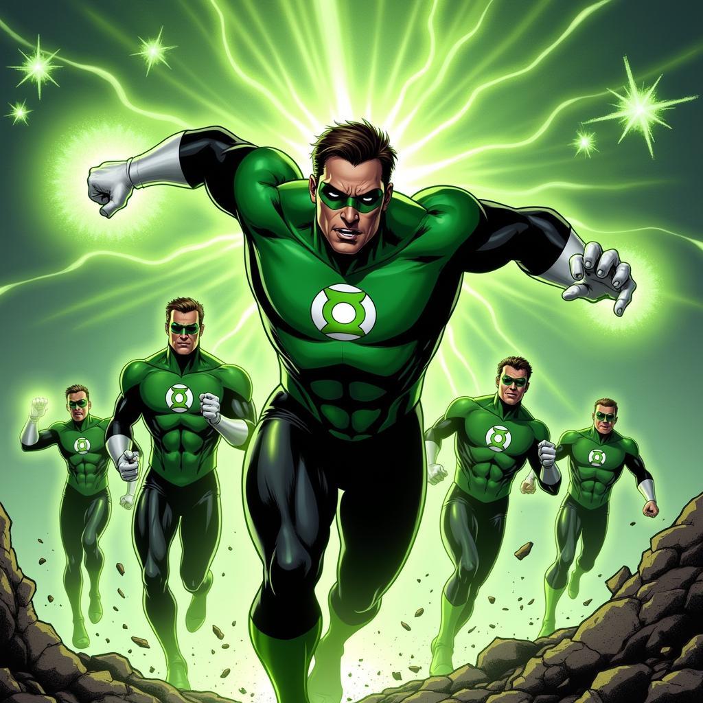 Hal Jordan fighting alongside other members of the Green Lantern Corps.