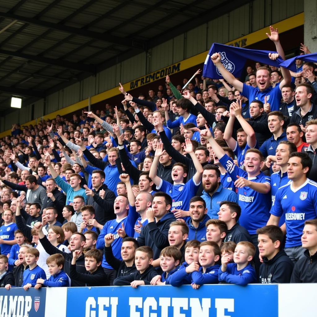 Halesowen football fans cheering enthusiastically from the stands during a local derby.