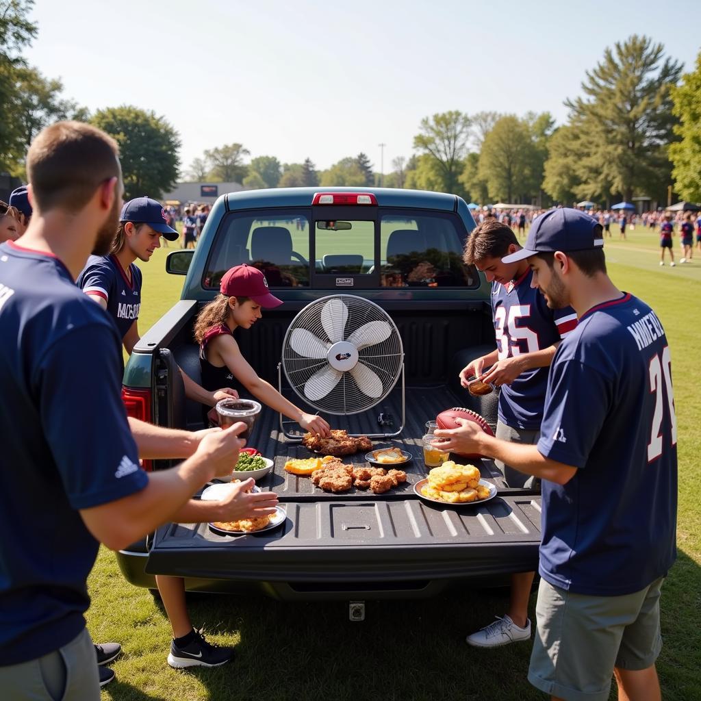 Hali electric fan cooling down football fans during a tailgate party.