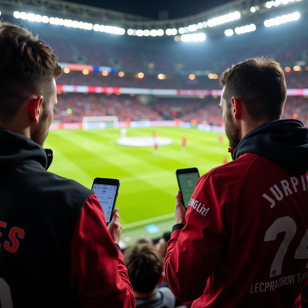 Handy fan checking phone at stadium