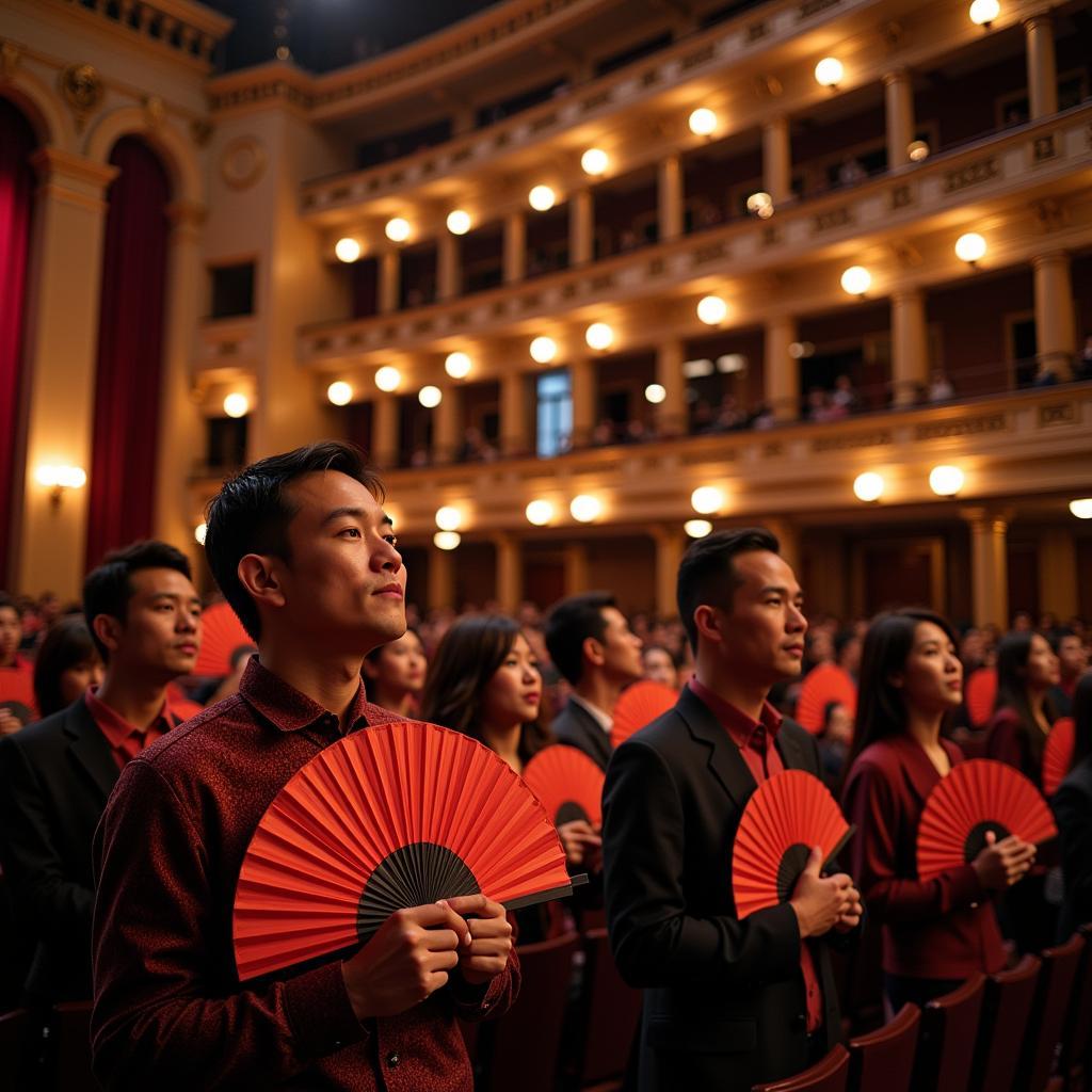 Folding fans being used at the Hanoi Opera House.