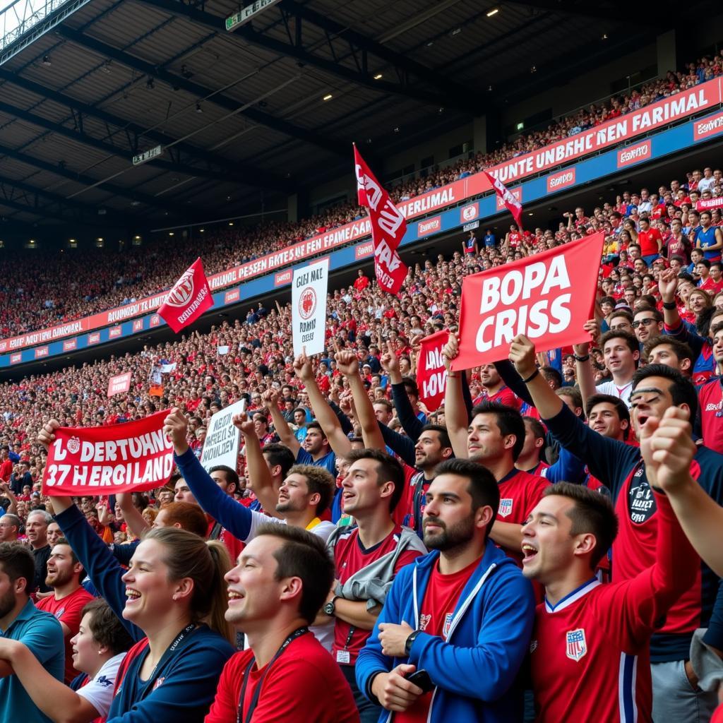 Hardcore football fans showing their support in a packed stadium