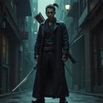 Hawkeye as Ronin, wielding his katana, a gritty and intense depiction