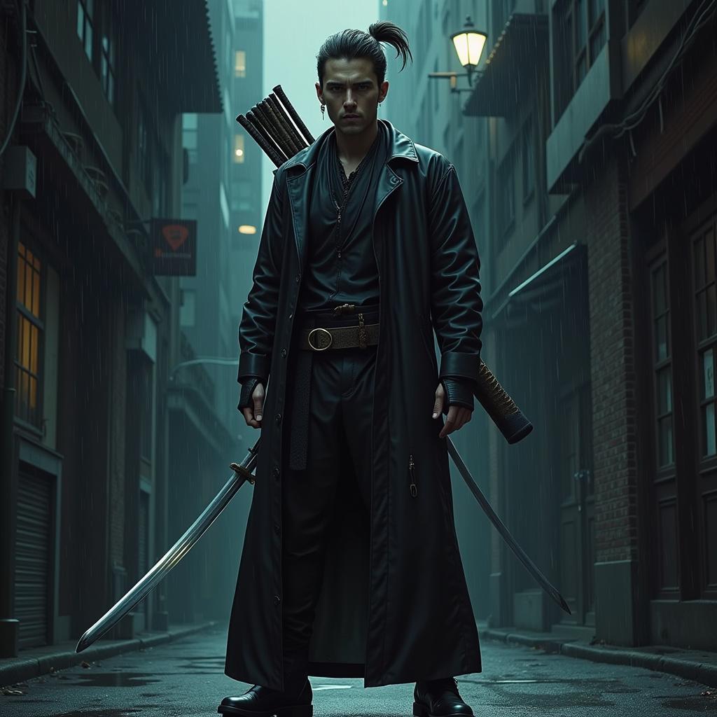 Hawkeye as Ronin, wielding his katana, a gritty and intense depiction