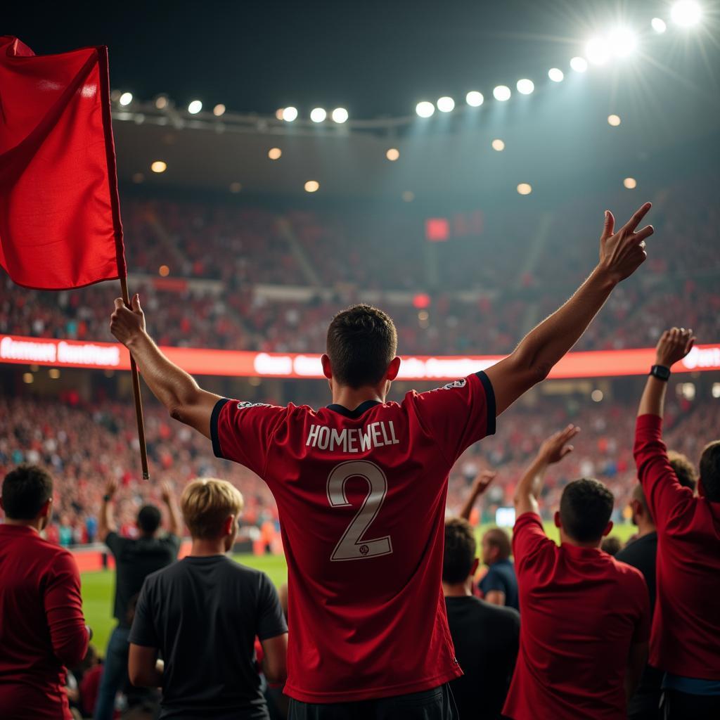 A homewell fan cheering passionately at a football stadium.