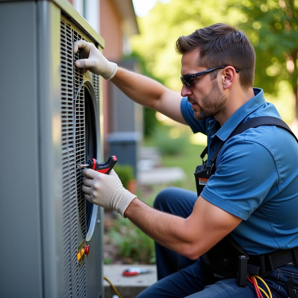 HVAC technician repairing outdoor AC unit