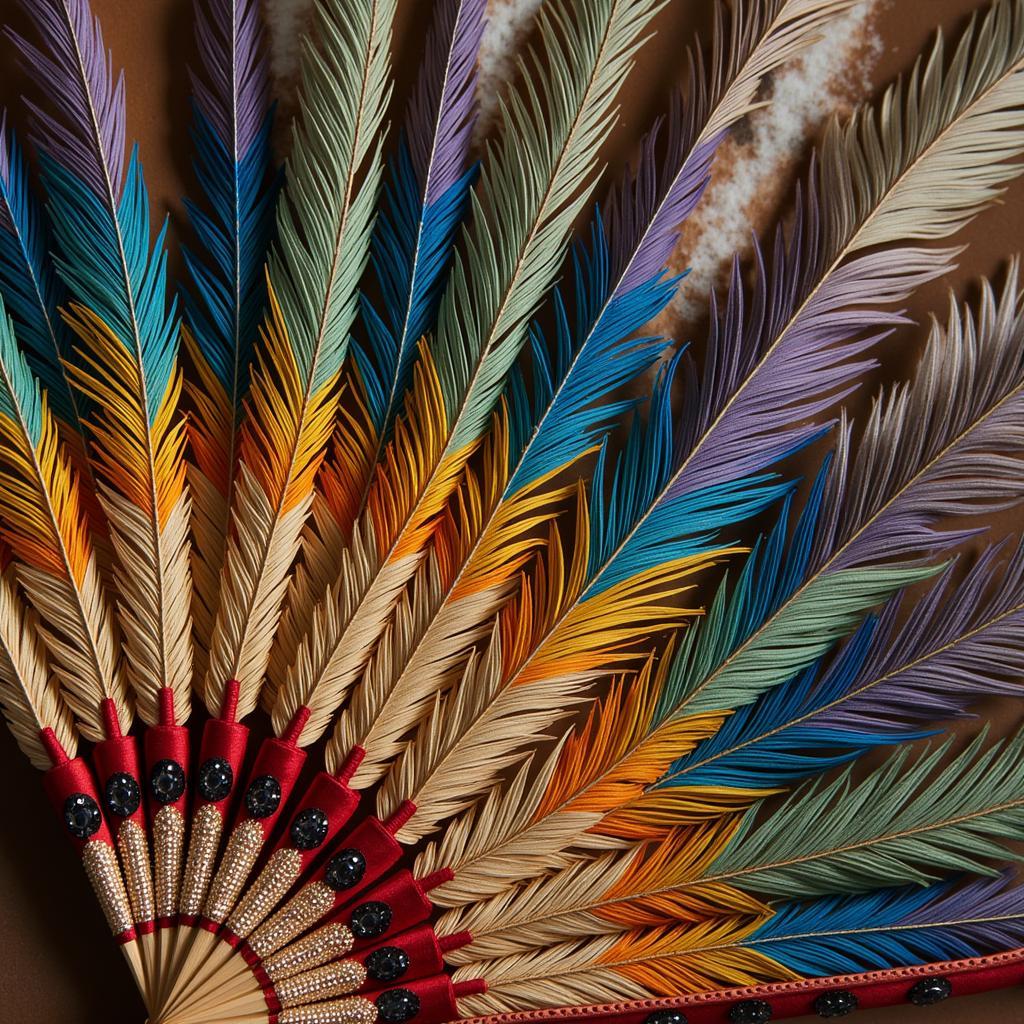 Close-up view of an intricate imperial feather fan, showcasing the delicate craftsmanship and vibrant colors of the feathers.