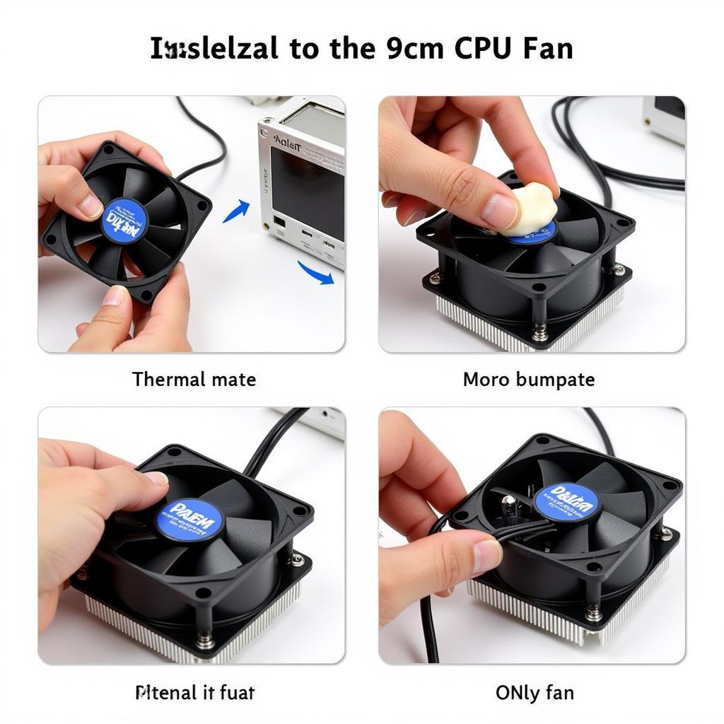 Step-by-step process of installing a 9cm CPU fan onto a computer motherboard.