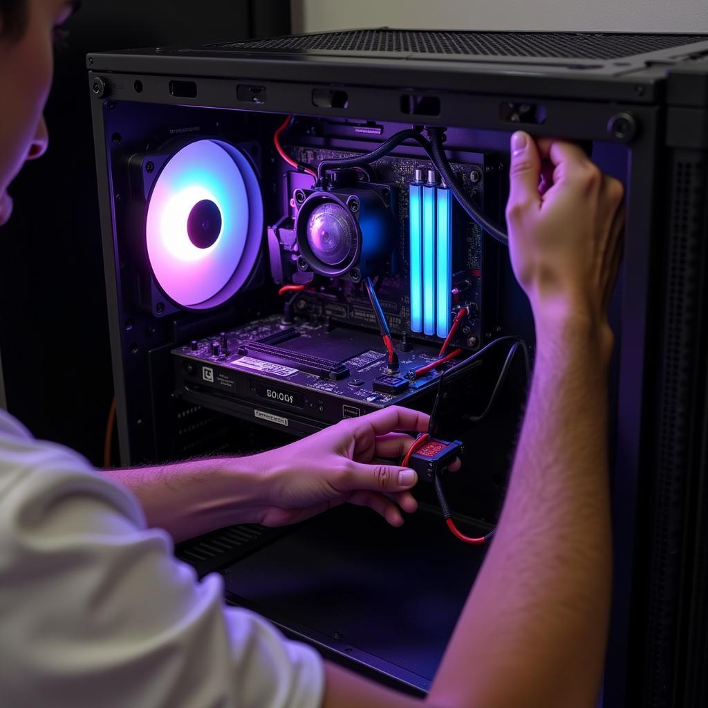 Installing a color cycle LED fan in a computer case.