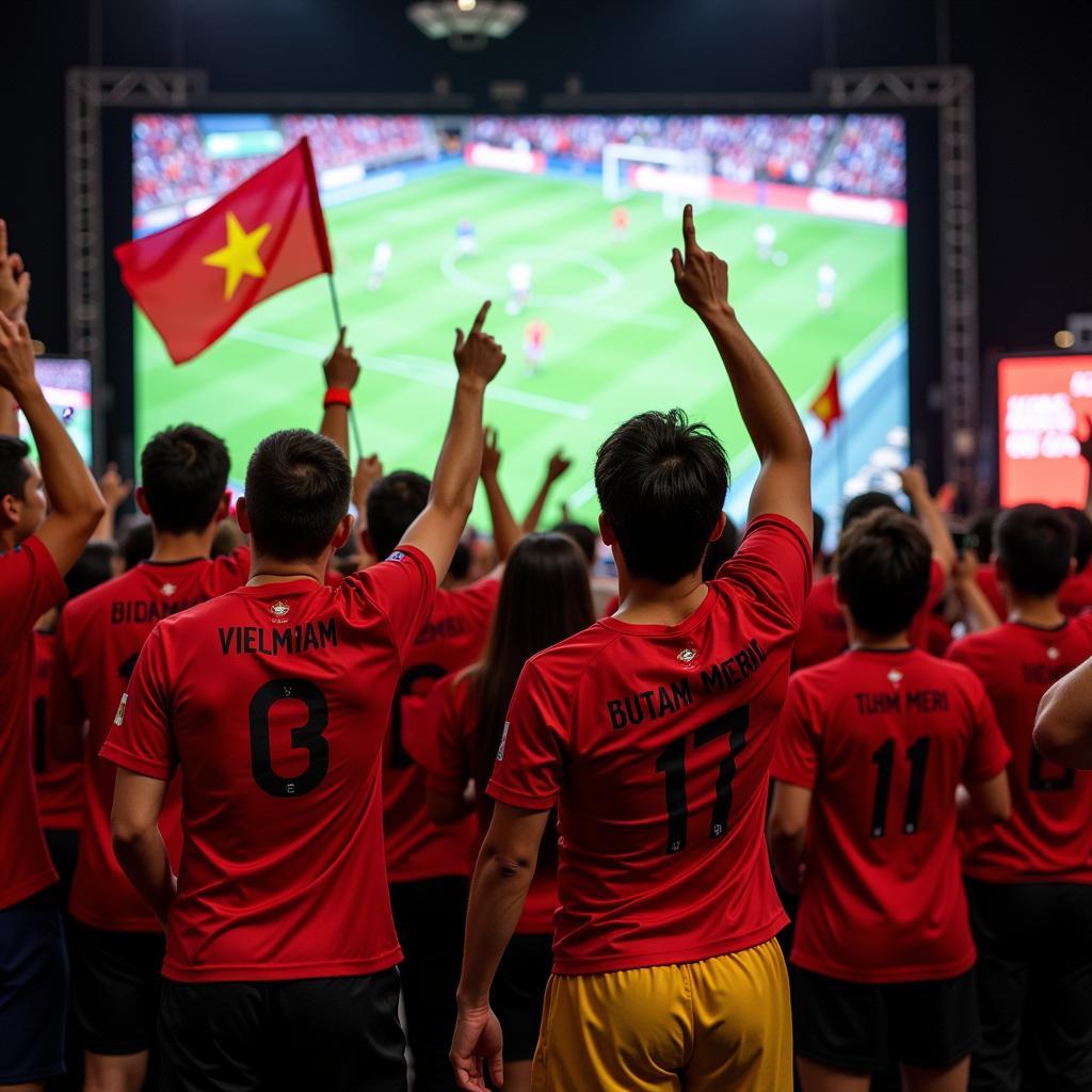 Iran Vietnam Fan Connection: Image depicting Vietnamese fans cheering for Team Melli at a public viewing event.