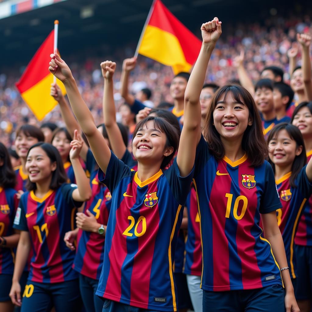 Japanese fans cheering for FC Barcelona in a stadium