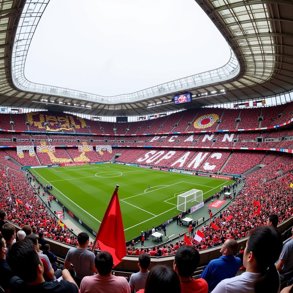 Japanese football fans displaying elaborate banners and flags in support of their team.