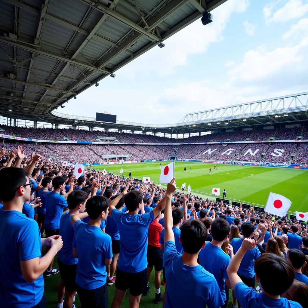 Japanese football fans enthusiastically cheering in a stadium