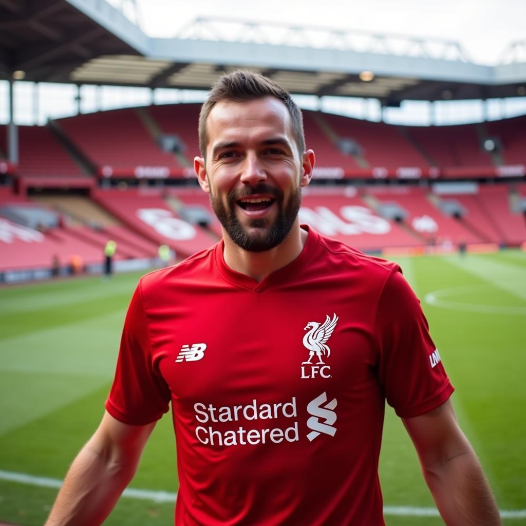 Jason Evans wearing a Liverpool jersey