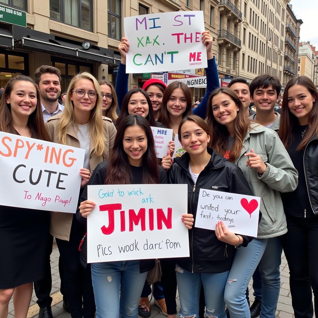 A group of fans holding Jimin BTS posters and banners